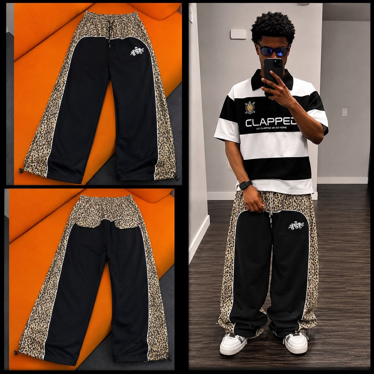 Collage of black AFRORE leopard print joggers in flat lay on orange couch and worn by model.