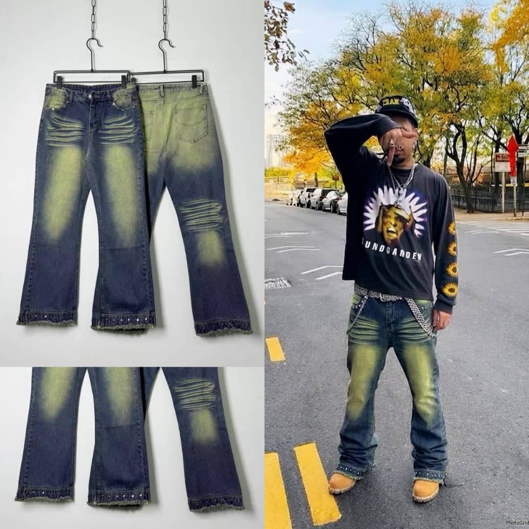 Distressed blue baggy jeans with rips and studs, collage of flat lay and man wearing similar pair.