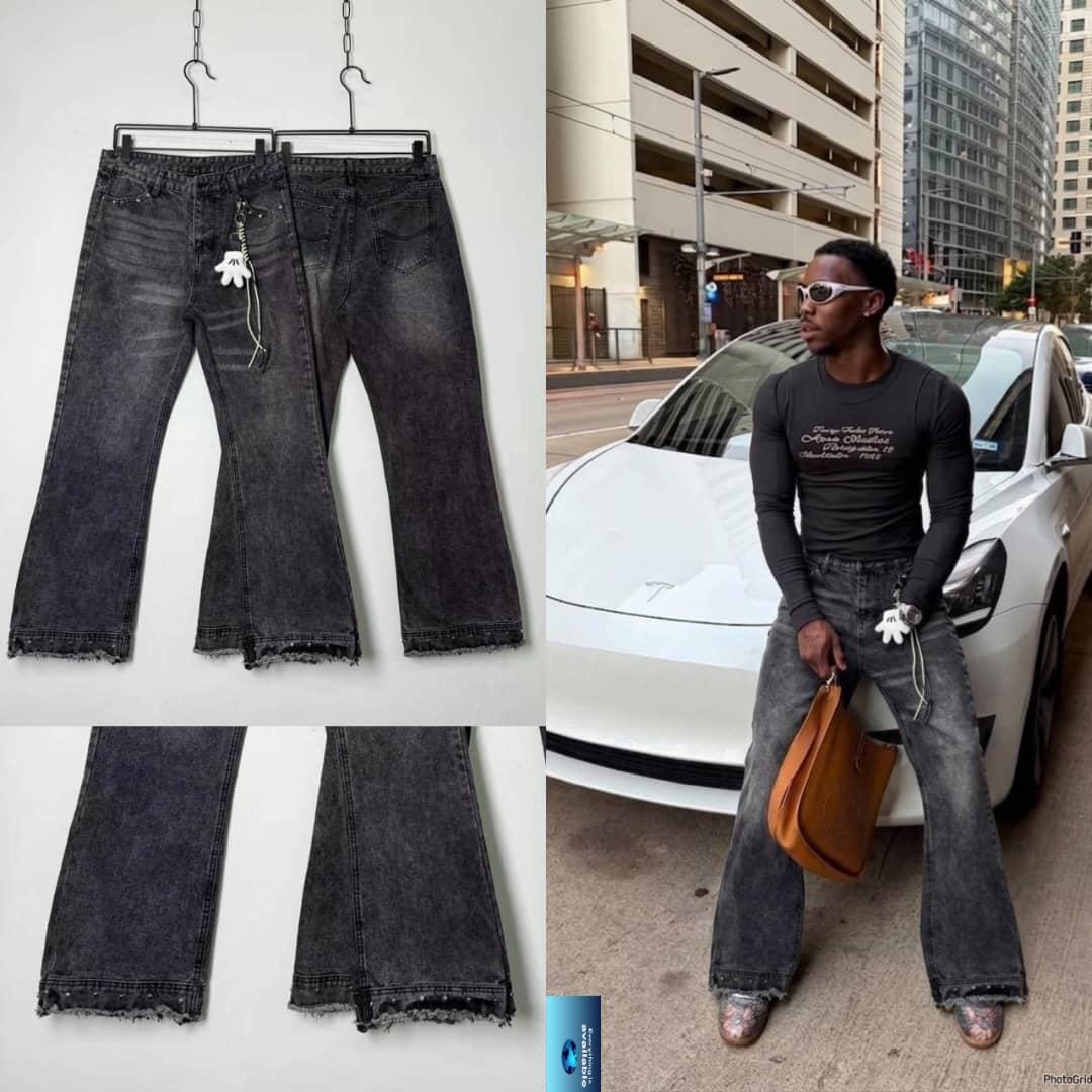 Dark gray baggy flared jeans with frayed hems, glove keychain, and lifestyle shot with man and white car.