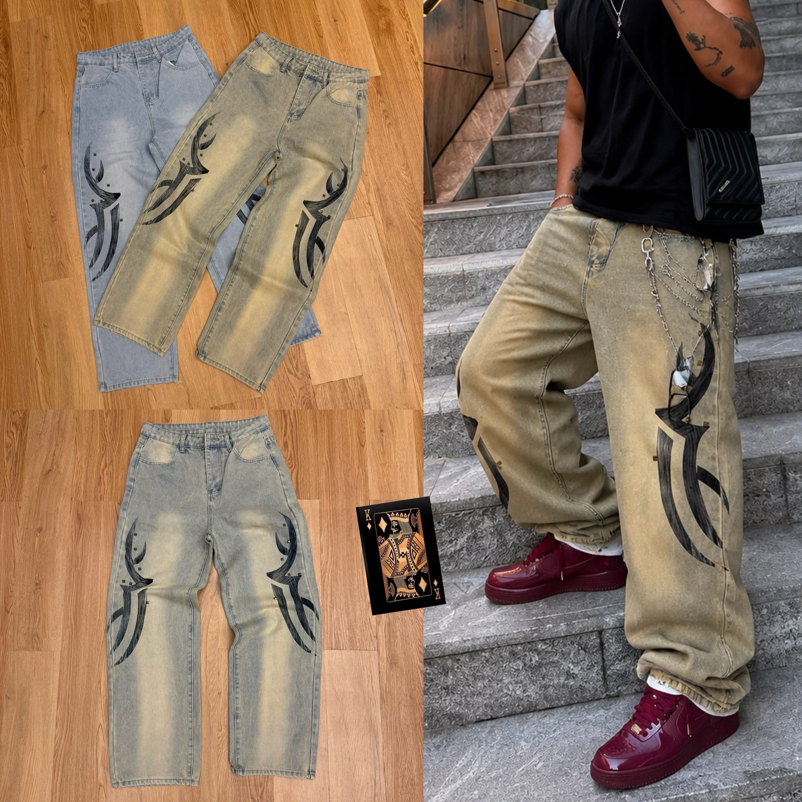 Collage of light blue and beige baggy jeans with black tribal graphics, flat lays and lifestyle shots.