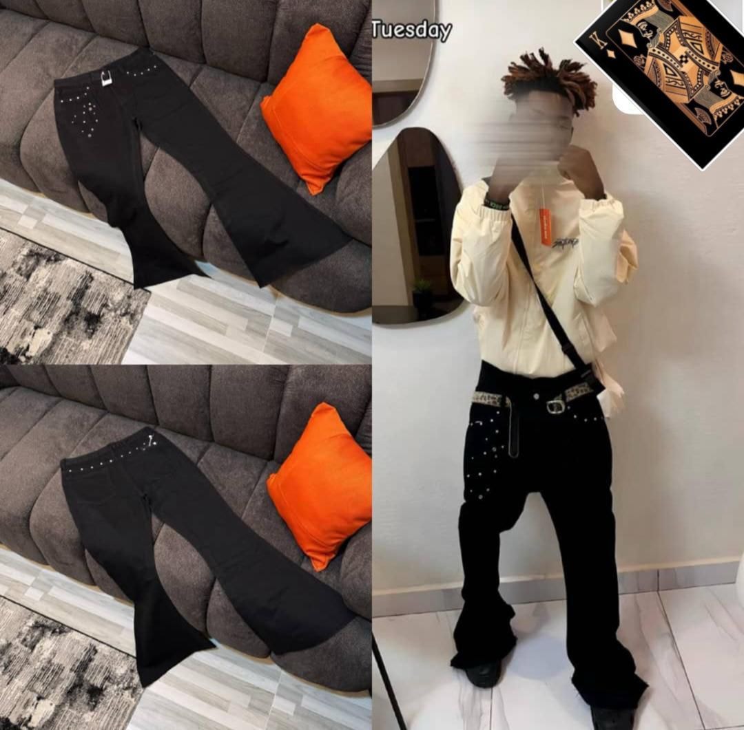 Collage of black studded flared jeans laid on a grey couch and modeled with cream jacket.