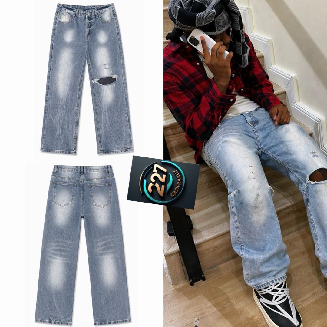 Collage of light blue ripped wide leg jeans shown flat on white background and worn by a seated model.