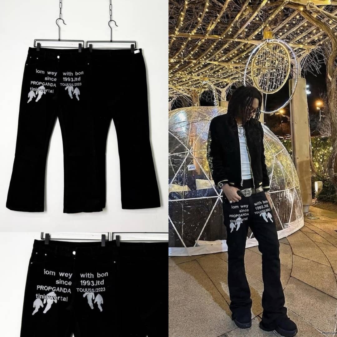 Collage showing black graphic printed jeans on hangers and worn by a model outdoors at night.