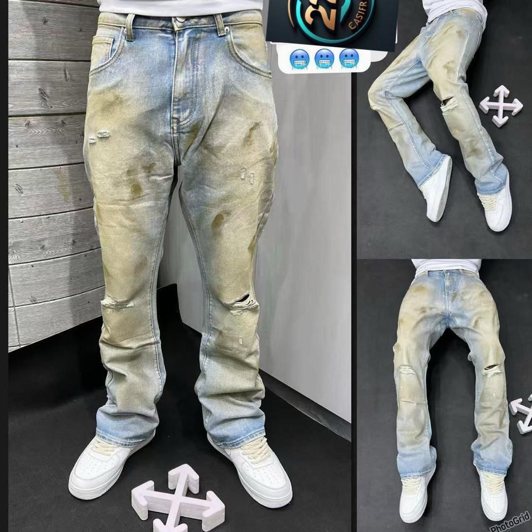 Collage of acid wash distressed baggy jeans worn by model from front, side and back angles.
