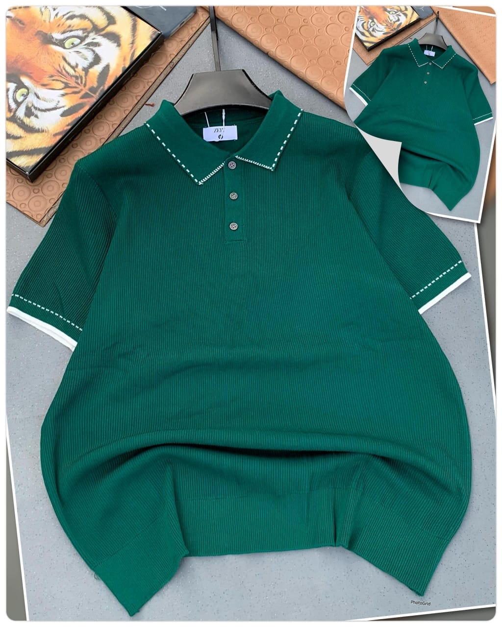 Green ribbed polo shirt with white contrast stitching on collar and cuffs, laid flat with inset view.