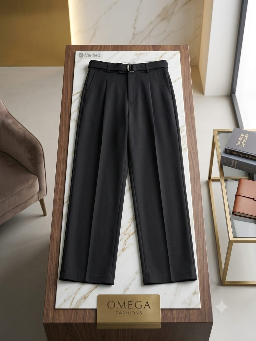 Black pleated trousers with silver buckle belt on verified wooden marble pedestal by Omega.