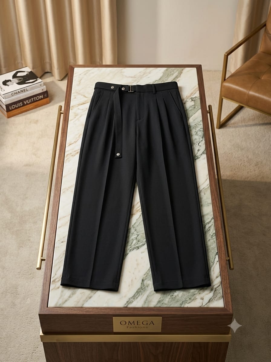 Black pleated flare trousers with belt on marble wood display stand by Omega Fashions.