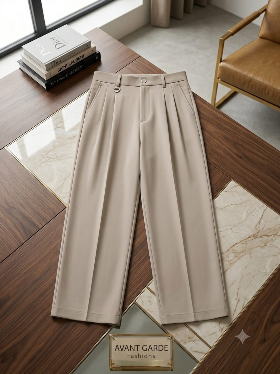 Beige pleated wide-leg trousers on wooden marble table with fashion books and Avant Garde sign.