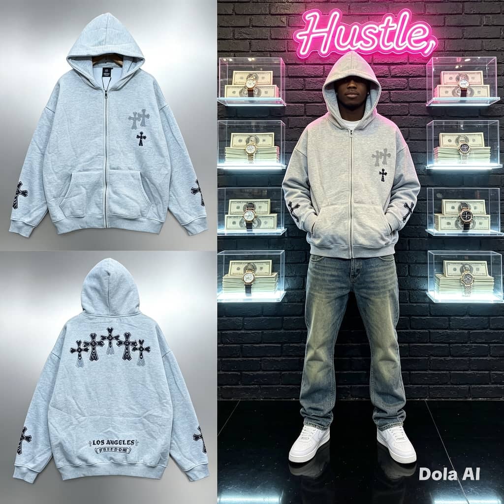 Light gray oversized zip-up hoodie with cross motifs on chest, sleeves and back, shown flat and on model.