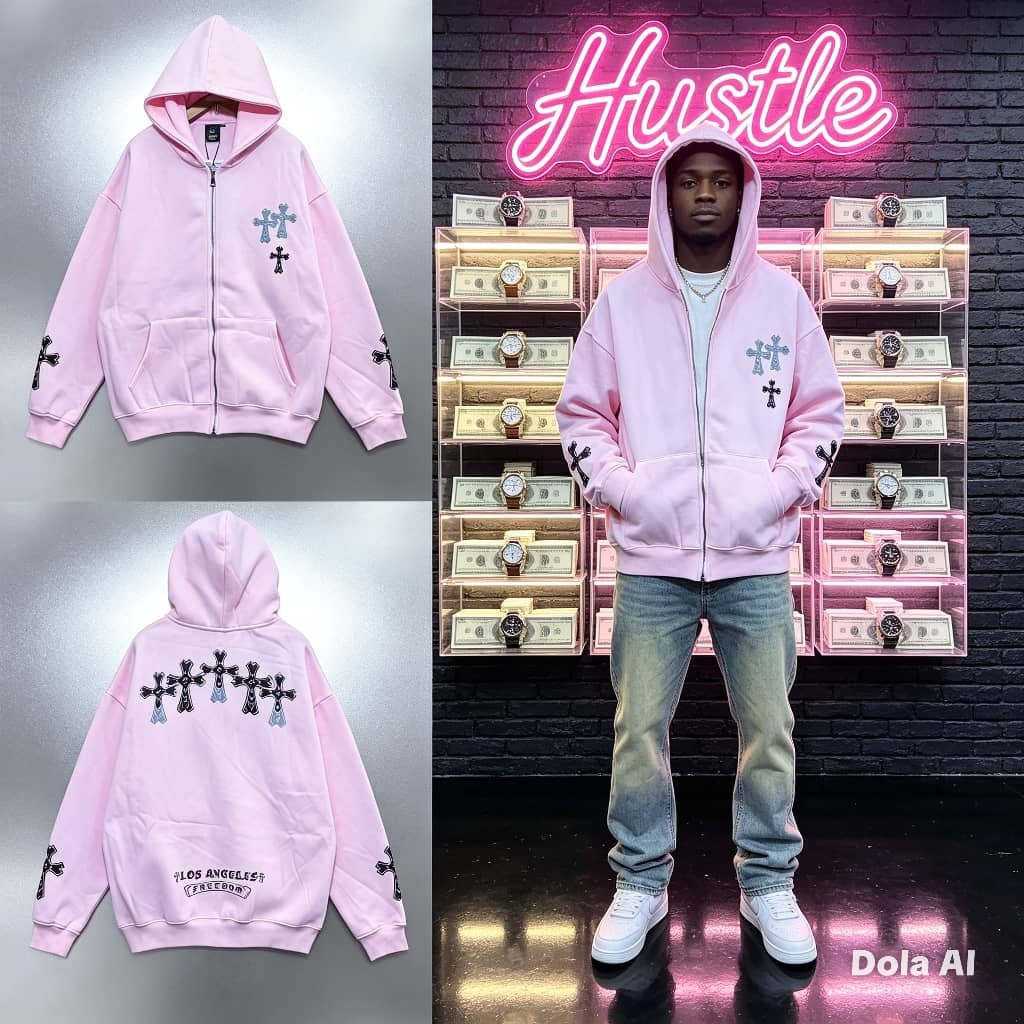Pink oversized zip-up hoodie with cross motifs on chest, sleeves and back, shown flat and on model.