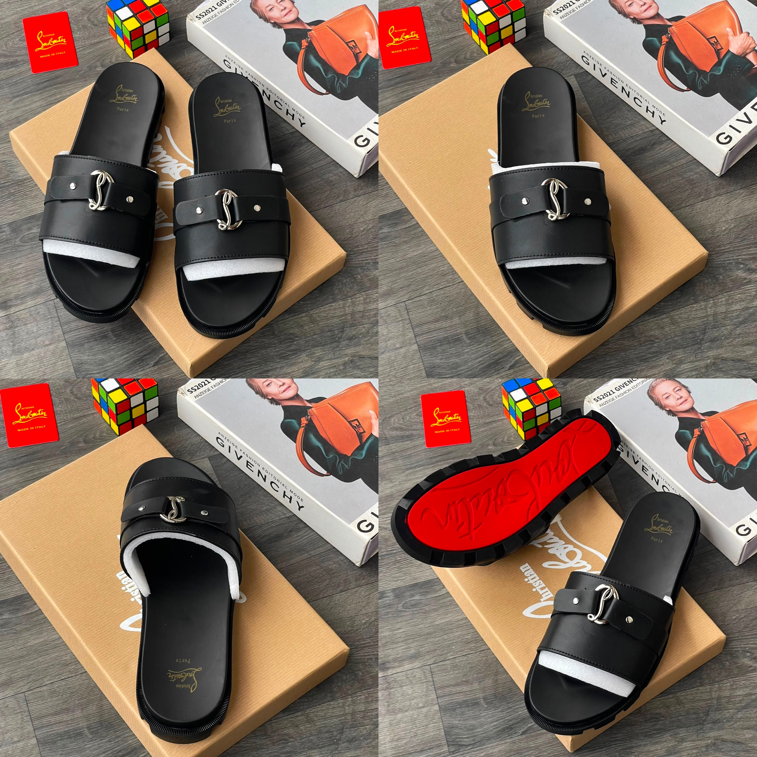 Christian Louboutin black leather sandals showing insole and buckle hardware.