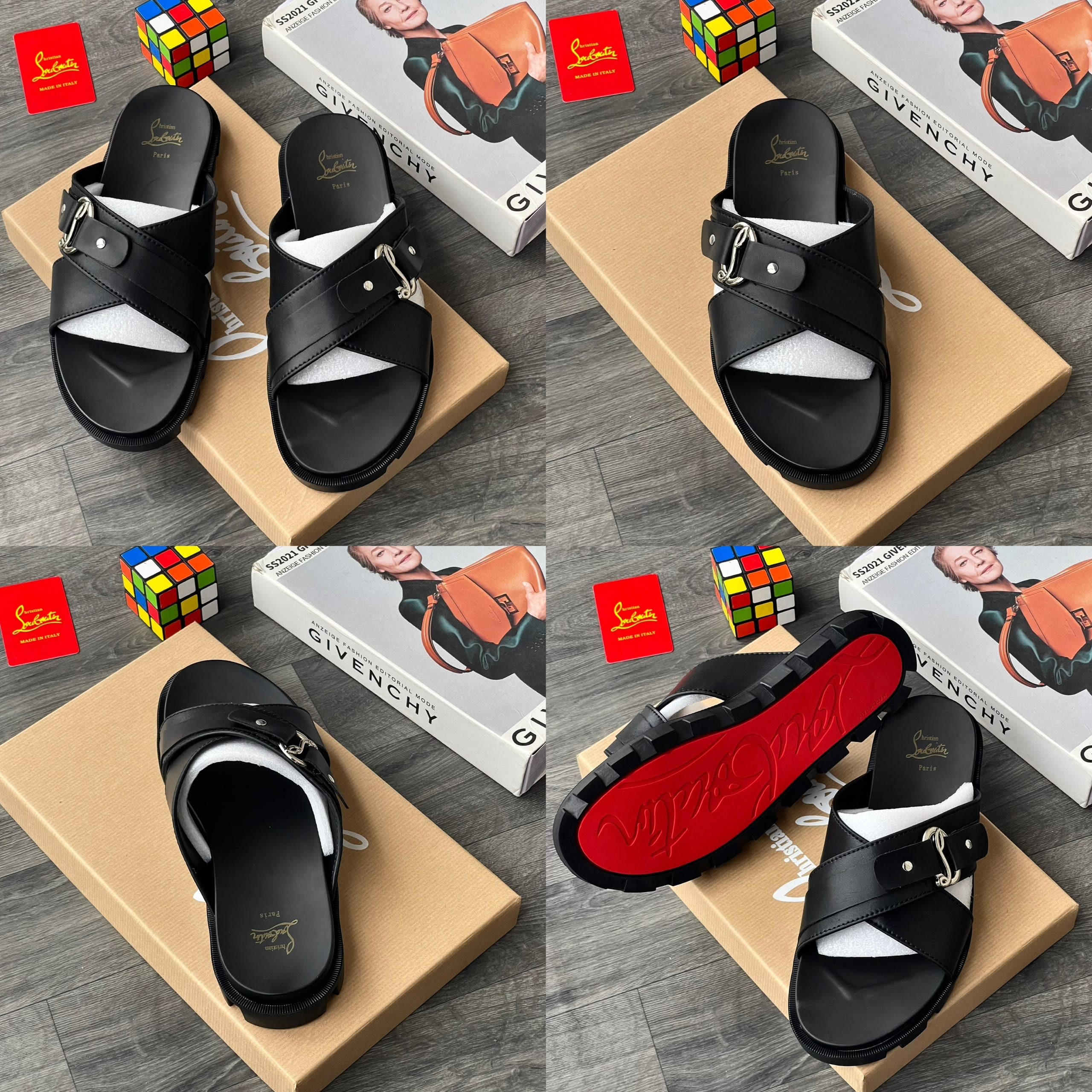 Black Christian Louboutin double strap sandals with red sole detail.