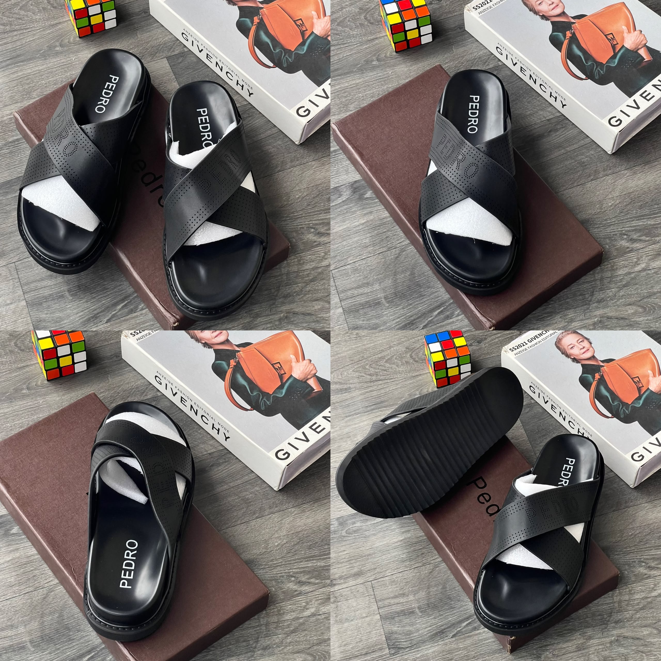 Black Pedro perforated crisscross leather slide sandals from multiple angles.